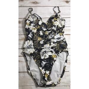 Shape Fx One Piece Swim Suit Size 12 Black White Gold Built In Bra Beach Resort
